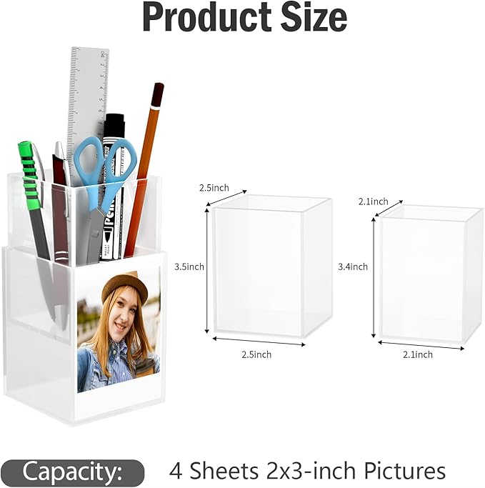 Losneg Polaroid Frame for 2x3 Pictures, Instax Mini Frame, Small Acrylic Clear Desk Photo Cube 4-Sided Displays 3 in Sprocket Photos, with Pen Holder for Office Organizer