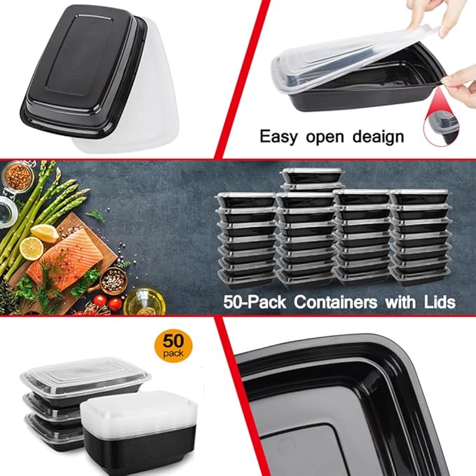 IUMÉ Reusable Food Prep Containers, 50-Pack 24 OZ Plastic Containers with Lids For Meal Food Prepping - Durable Food Storage Containers Lunch Boxes- Stackable, Meal Dishwasher Safe
