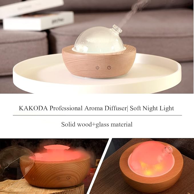 Glass Essential Oil Diffuser,Real Wood Base,The 2025 Upgrade Aromatherapy Diffuser,Aroma Diffuse Humidifier,LED Light in 7 Colors，Suitable for Home Office Bedroom（Non-Glass Reservoir）