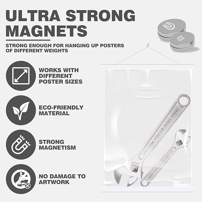 Ywlake Magnetic Poster Hanger, 14x22 14x20 14x24 Poster Frame Wood Wooden Magnet Print Posters Dowel Scroll Hanger Hangers Hanging Kit for Walls Map Canvas Artwork (White, 14")