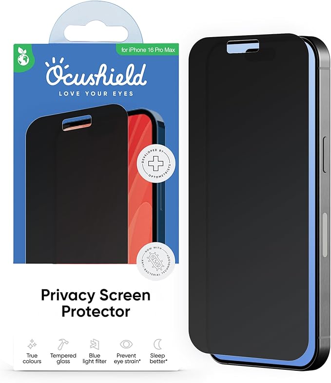 Ocushield Privacy Screen Protector for iPhone 16 Pro Max – Anti-Spy Tempered Glass, Blue Light Filter, 95% Transparency, Bubble-Free Install, Scratch-Resistant, Case Friendly