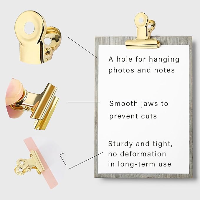 YUCHIYA 10 Pack Bulldog Clips with 10 Push-pins, Paper File Clips with Strong Spring, Large Metal Binder Clips, Seal Clamps for Coffee Tea Food Bags(Gold,2inch)