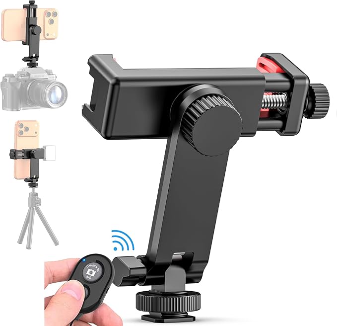 Phone Tripod Mount with Remote Controller, New Universal Smartphone Mount Adapter with Cold Shoe, 360° Rotates Cell Phone Clip Clamp Holder, Compatible with iPhone, Samsung and All Phones