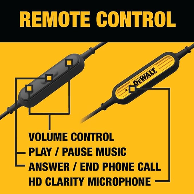 DEWALT Heavy Duty Wired Earphones with Microphone, Jobsite Earbuds Wired 3.5mm, Water-Resistant 3.5mm Earbuds with Mic, Connected Headphones for Outdoor Work