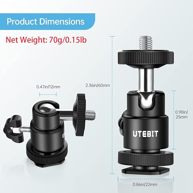 UTEBIT 2 Pack Universal 1/4" Swivel Mini Ball Head Screw Tripod Mount, 360 Degree Rotating Mount Base Adapter 1/4" Camera Hot Shoe Mount for DSLR Cameras Vive Tripods Monopods Camcorder Light Stand