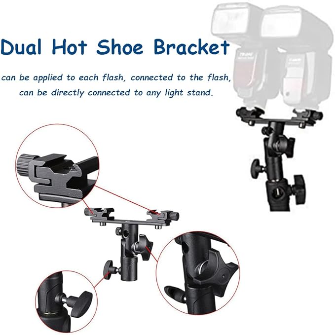 Camera Flash Brackets, Speedlight Mount Dual Hot Shoe Speedlight Stand, 1/4" to 3/8'' Umbrella Holder Light Stand Bracket for Photo Video Photography