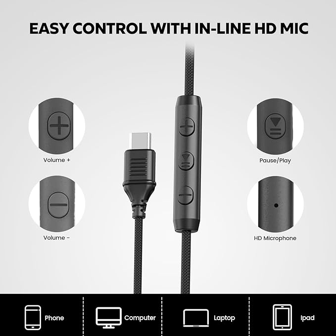 USB C Headphones Wired, Over Ear USB C Wired Headphones with Microphone, HD Stereo Sound, Volume Control, Foldable USB Type C Headphones for Adult/Teens/Computer/Laptop/iPhone 15/16/17, Black