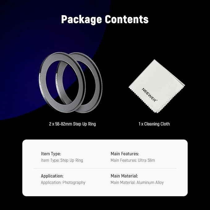 NEEWER 58-82mm Step Up Ring Adapter (2 Pack) with Cleaning Cloth, Ultra Slim Aluminum Alloy Lens Filter Adapter Ring for 58mm Camera Lens to Use 82mm Filter