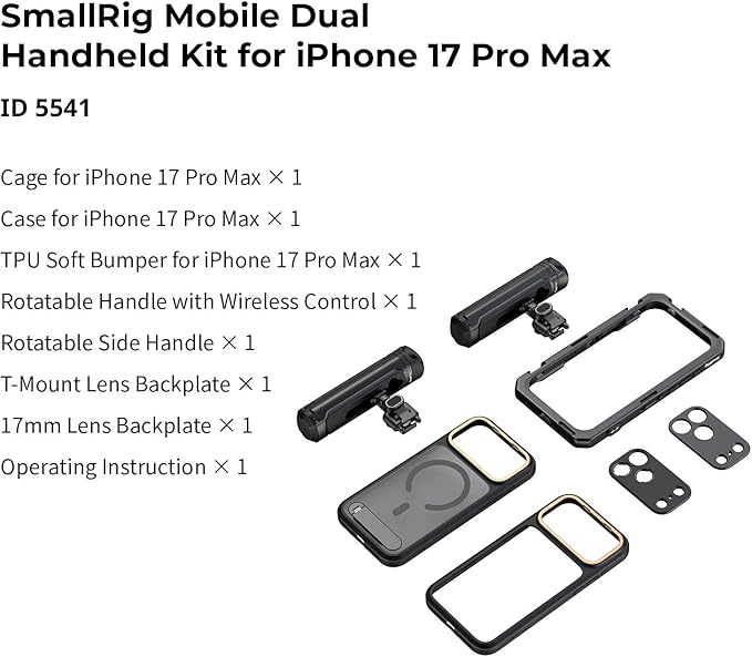 SmallRig Phone Video Cage Dual Handheld Kit for iPhone 17 Pro Max, Phone Rig with Wireless Quick Release Side Handle, 17mm T-Mount Lens Backplate for Video Recording/YouTube/Live Streaming/Vlog - 5541