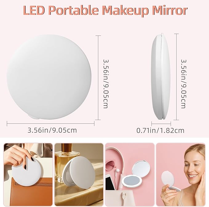 Compact Mirror with Light, Dimmable Pocket Mirror, Rechargeable Mini Mirror for Purse, Pocket, Travel and Present, Folding, Handheld, 2-Sided, Round