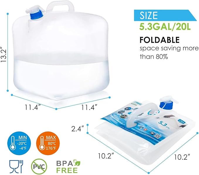 Collapsible Water Container with Spigot, 2×5.3 Gallon BPA Free Camping Water Storage Jug Carrier for Outdoors Hiking Backpack RV&Emergency, Survival Water Canteen-Portable Foldable Transparent