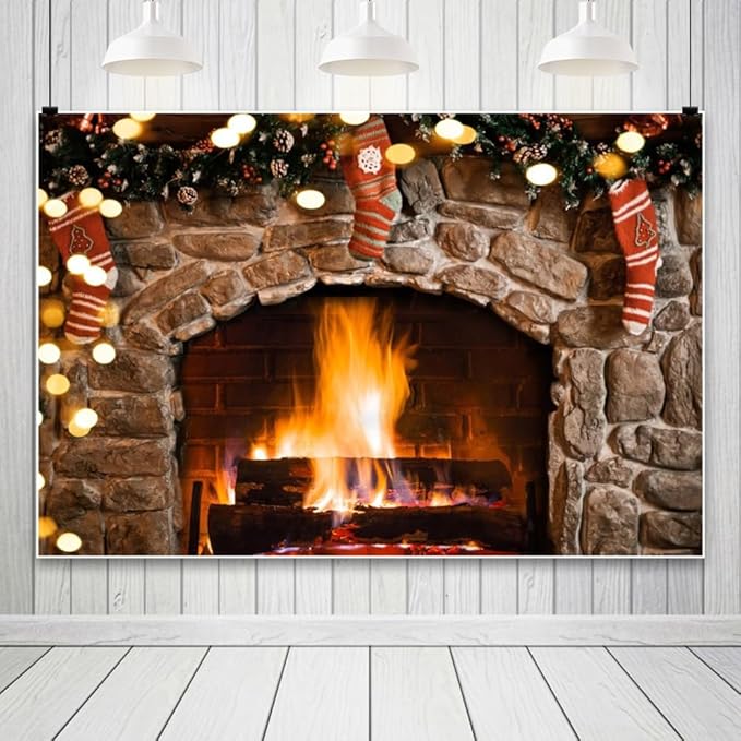 CSFOTO 7x5ft Vintage Brown Brick Wall Burning Fireplace Background Gold Glitter Sequins Country Farm Christmas Living Room Decoration Background Winter House Photo Studio Props