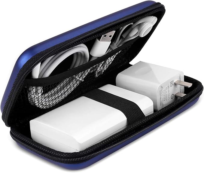 iMangoo Travel Essentials Electronics Organizer Charger Case Portable Dual Zipper Shockproof Pouch Tech Purse Cord Cable Pouches Power Bank Storage Accessories Bag for Women Men,6.5x3.2x1 Blue