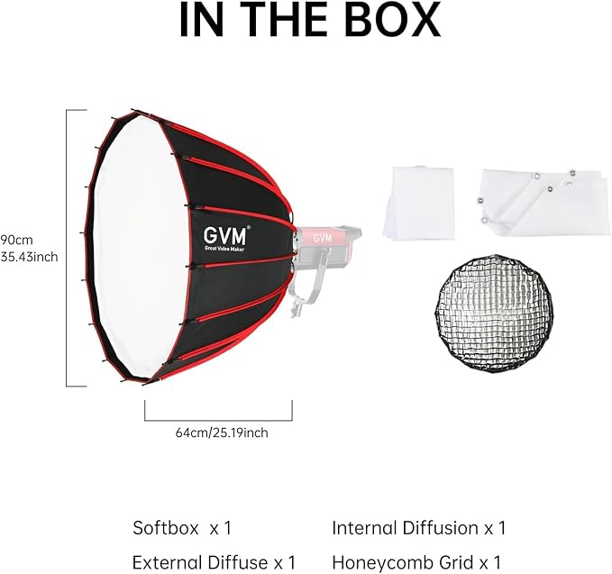 GVM Softbox Parabolic Soft Light Bowens Mount，36"/90cm Quick Release Parabolic Deep Softbox & Honeycomb Grid Compatible with Other Bowens Mount Light for Recording, Portraits