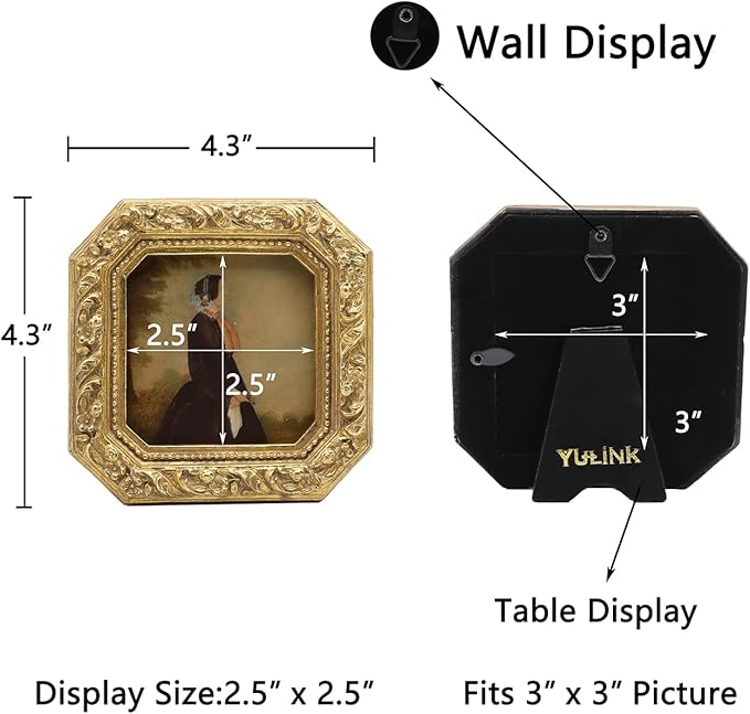 3x3 Small Vintage Picture Frame, Mini Antique Ornate Gold Photo Frame, Tiny Retro Octagon frame, for Tabletop and Wall Display, Old Fashioned Photo Gallery Art Decor