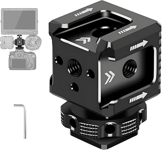 3 Port Cold Shoe Mount Adapter with 1/4"-20 Thread for Camera Cage Flash LED Monitor Microphone, Aluminum Camera Triple Cold Shoe Extension Hot Shoe Mount Adapter Compatible with DSLR/SLR Camera