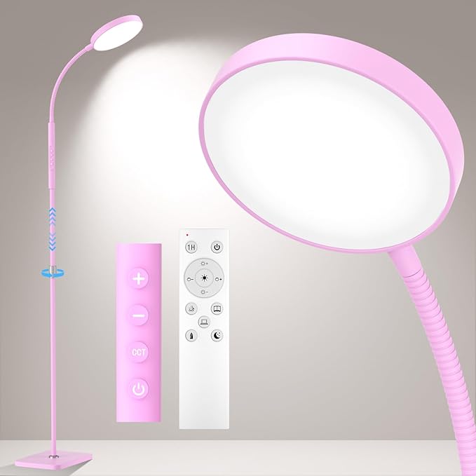 Floor Lamp, Adjustable Height Floor Lamps for Living Room Bedroom, 120 LED Super Bright Standing Lamp Remote Control Dimmable Gooseneck Tall Stand Reading Lamp for Office Craft, Pink
