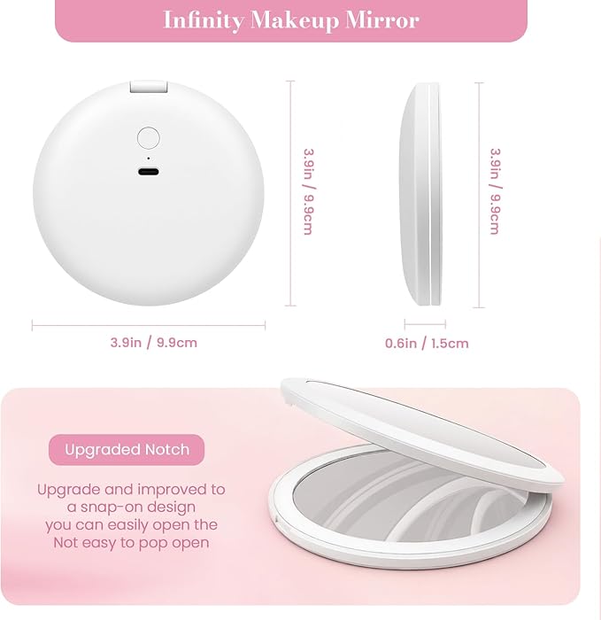 Infinity Travel Lighted Makeup Mirror, Abyss LED Compact Pocket Mirror with Light for Purse, Mini Small Light Up Mirror with 3 Color Lightling, Rechargeable, Handheld,Portable, Folding White