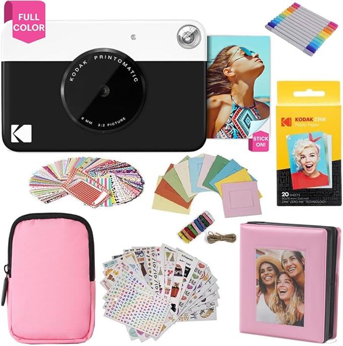Kodak Printomatic Full-Color Instant Print Camera Gift Bundle + Soft Case + Zink 2x3 Sticky Back Photo Paper 20pk + Album + Sticker Sets + Sticker Frames + Hanging Frames + Markers, Fun Gift - Black