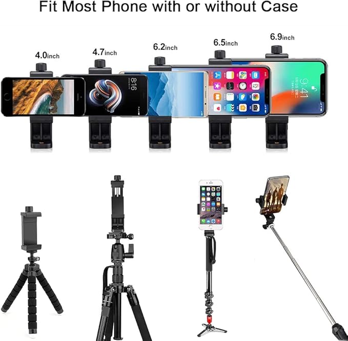 Cell Phone Tripod Mount Adapter, Universal Phone Holder Adjustable Clamp, 360 Degree Rotatable Bracket 1/4" Screw Clip for iPhone, Samsumg, Selfie Stick, Monopod (Black-2 Pack)