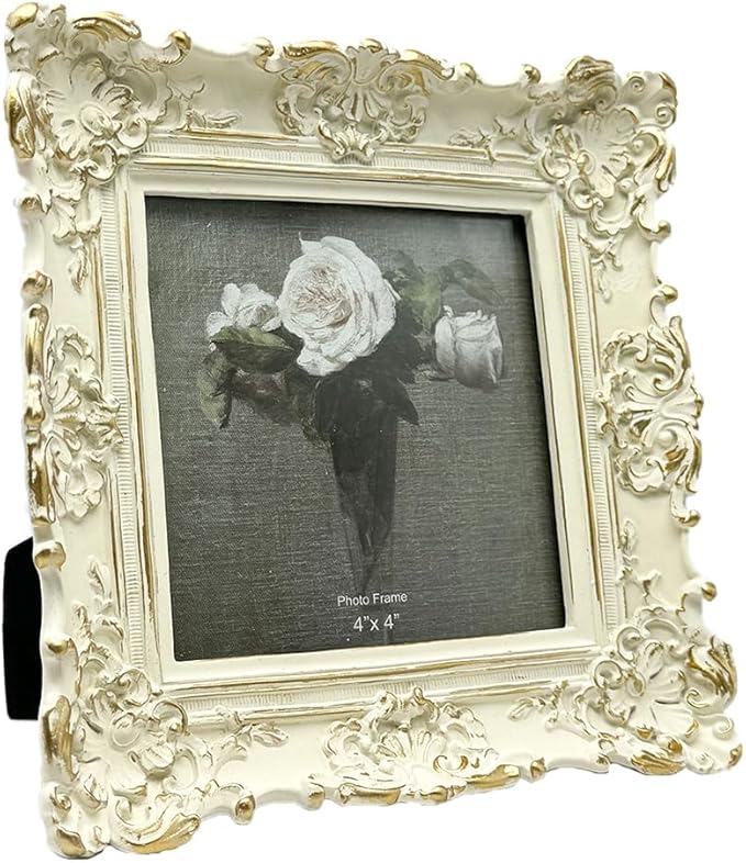 CISOO 4x4 Vintage Small Picture Frame, Antique Ornate White with Gold Square Photo Frame, for Table Top and Wall Display, Decorative Floral Design Retro Home Decor, Photo Gallery Art