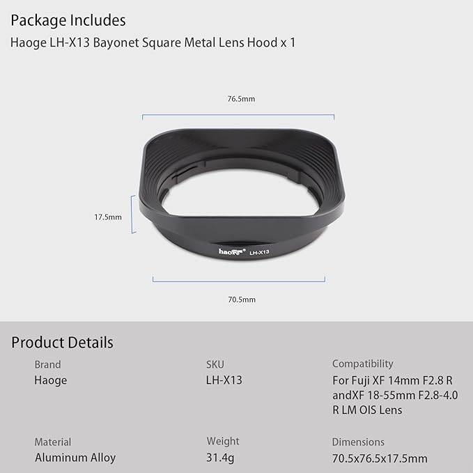 Haoge LH-X13 Bayonet Square Metal Lens Hood for Fujifilm XF 18-55mm F2.8-4.0 R LM OIS Lens on Fuji Fujinon X-Pro2 X-Pro3 X-T5 X-T4 X-T30 X-T20 X-E4 X-S20 X-A20 X-E3 X-H1
