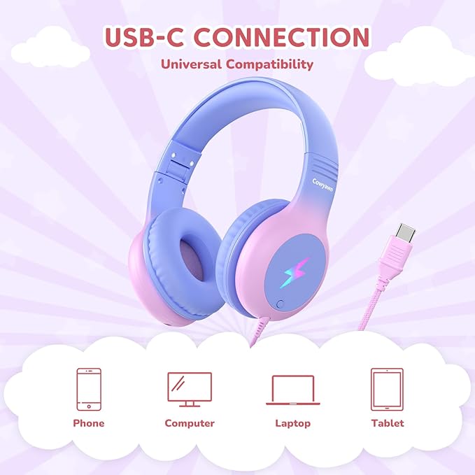 USB C Headphones Wired, Kid Headphones with LED Light, Over Ear USB-C Wired Headphone with Microphone, 85/94dB Volume Limit, USB Type C Headphone for Boys/Girls/School/Travel, Purple Gradient