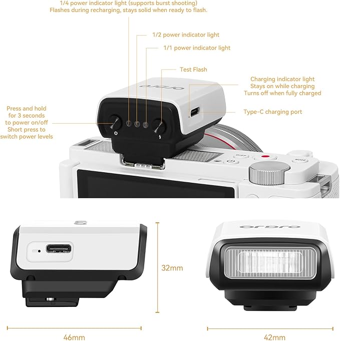 ORDRO FL-10 Mini Camera Flash Camera Flash Speedlite for Fuji/Sony/Nikon/Canon, Digital Film Cameras, Portable Mini hot Shoe Flashlight for DSLR Cameras (White)