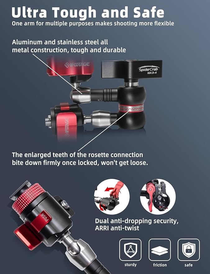 IFOOTAGE 7‘’ Magic Arm Spider Crab MA3-4, Quick Release Camera Arm Projector Mount, Payload 6KG, 1/4" and 3/8" Screw for Cameras/Monitor/Phone/Lights/Projector