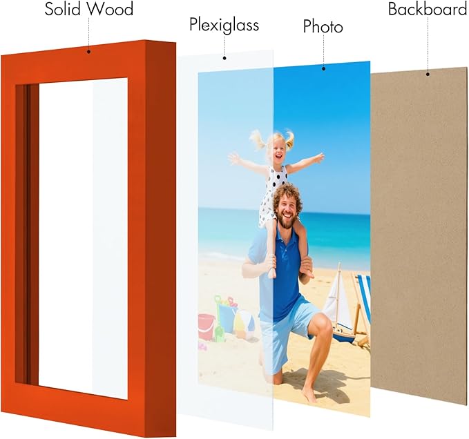 Vittanly 5x7 Picture Frame, Made of Solid Wood and Shatterproof Plexiglass, Wooden Photo Frame for Wall Mounting or Tabletop Display, Picture Frame for Home Decor with Stand, Orange, 1 Pack