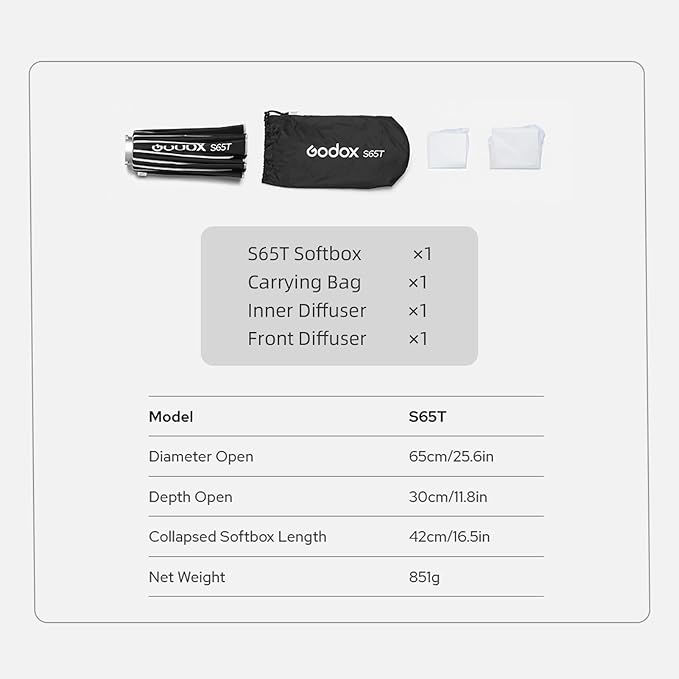 Godox S65T 65cm/25.6in Quick Release Umbrella Softbox Professional Foldable Softbox with Standard Bowen Mount & Diffusers for Photography Studio