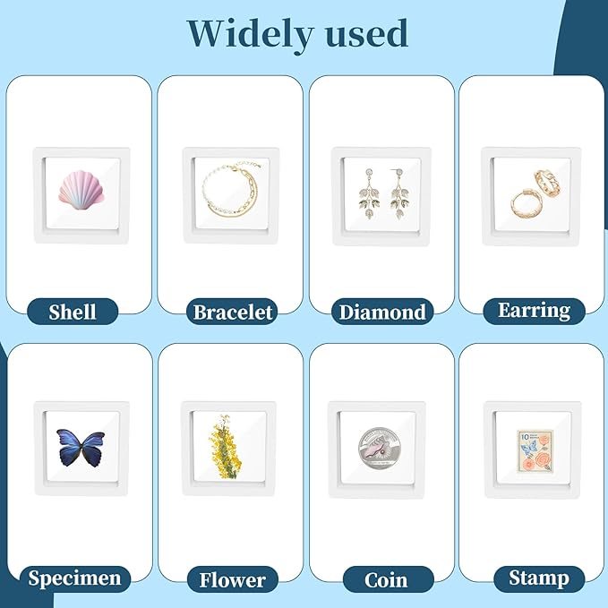 64 Pcs Floating Frame 3D Transparent Plastic Display Stand with Clear PE Film for Coin Jewelry Medallion Shells Small Collectibles Display Case
