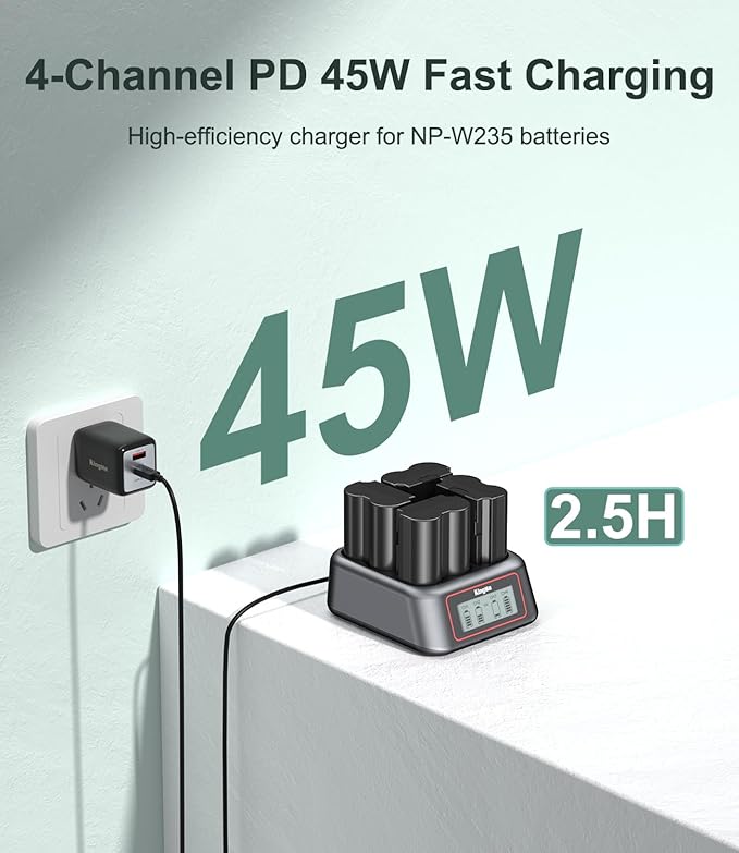 King Ma NP-W235 Battery Charger,4 Channel for Fujifilm Battery Charger，PD 45W Fast Charging with LED Display,Compatible with Fujifilm X-H2、X-H2S、X-T5、X-T4、X-S20、GFX 50S、GFX 50S2、GFX 100S