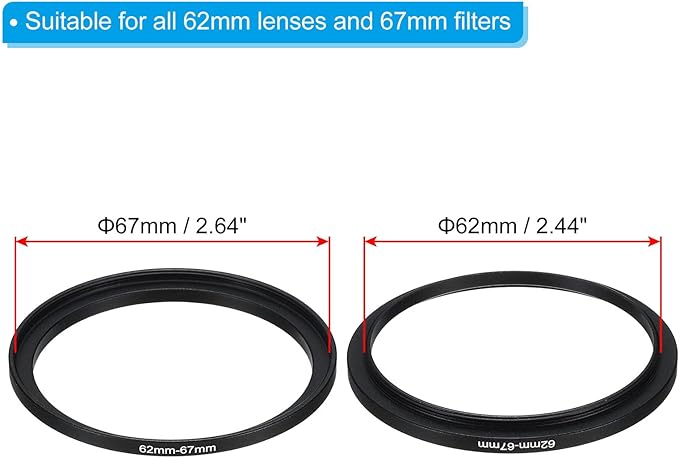PATIKIL 62mm-67mm Metal Step Up Ring with Cleaning Cloth, 2 Pack Camera Lens Filter Adapter Ring Aluminum Filter Adapter Ring for Camera Lenses Hood, Black