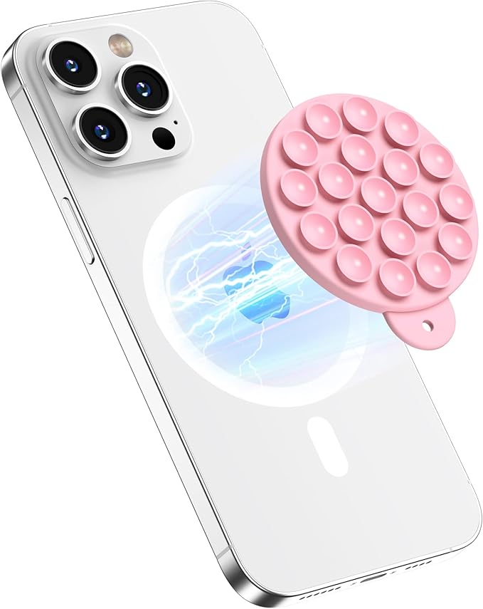 Magnetic Suction Cup Phone Mount with MagSafe, Silicone Hands-Free Grip Holder for iPhone Case and Android, Mirror Shower Phone Stand for Makeup FaceTime Gym Kitchen Bathroom, Pink