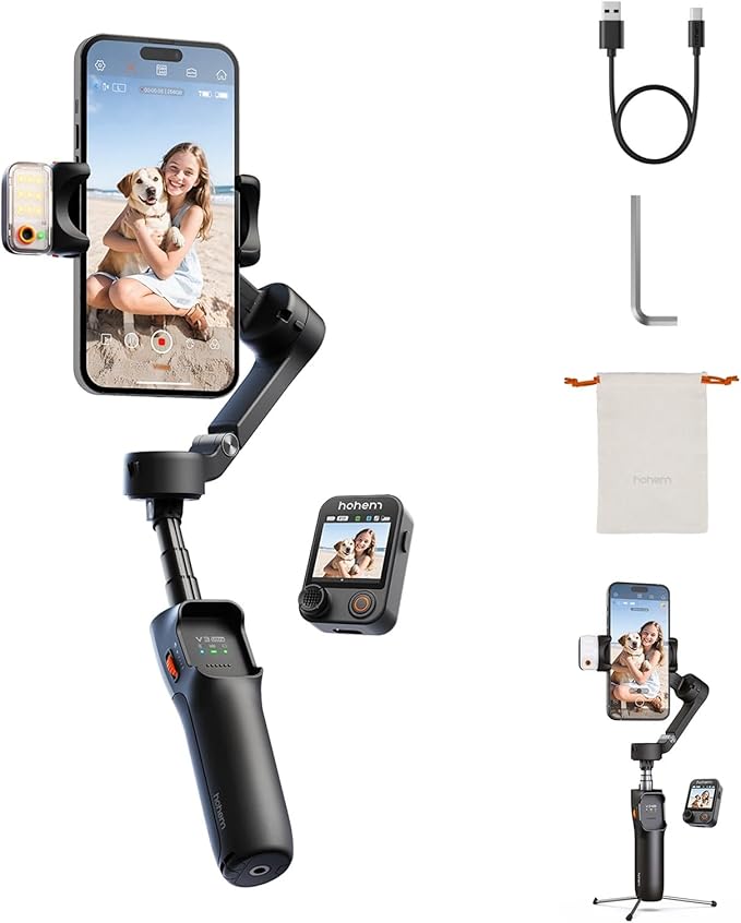 Hohem iSteady V3 Ultra Gimbal Stabilizer for iPhone, 3-Axis Phone Gimbal, Magnetic AI Tracker, Built-in Extendable Rod & Tripod, 10m Remote Control, Touchscreen Stabilizer for iPhone & Android (Black)