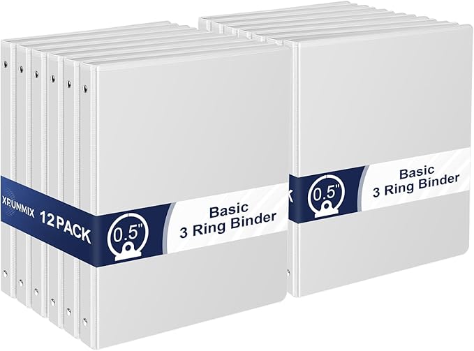 1/2 Inch 3-Ring-Binder with Pockets, 0.5''-inch Round Binders Holds 100 Sheets US Letter Size 8.5'' x 11'' - Bundle 12 Packs White Binders for Home, Office, and Back to School (0.5'' - 12 Packs)