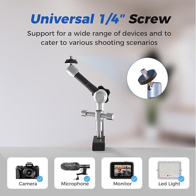 ATLI 11" Super Camera Clamp Mount Adjustable Magic Arm 1/4" and 3/8" Threads Compatible with Flash Led Light Monitor DSLR EON Camera
