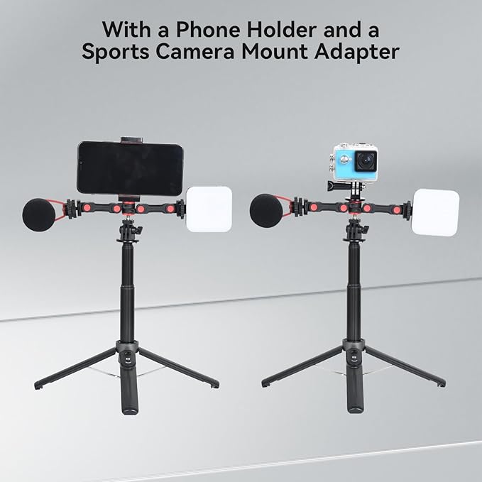 UTEBIT Dual Cold Shoe Mount, Extension Bar Universal Cold Shoe Adapter with Phone Holder Mount, 1/4" Thread Holes Cold Shoe Mount for Microphone,Led Video Light, Audio Recorder Monitors