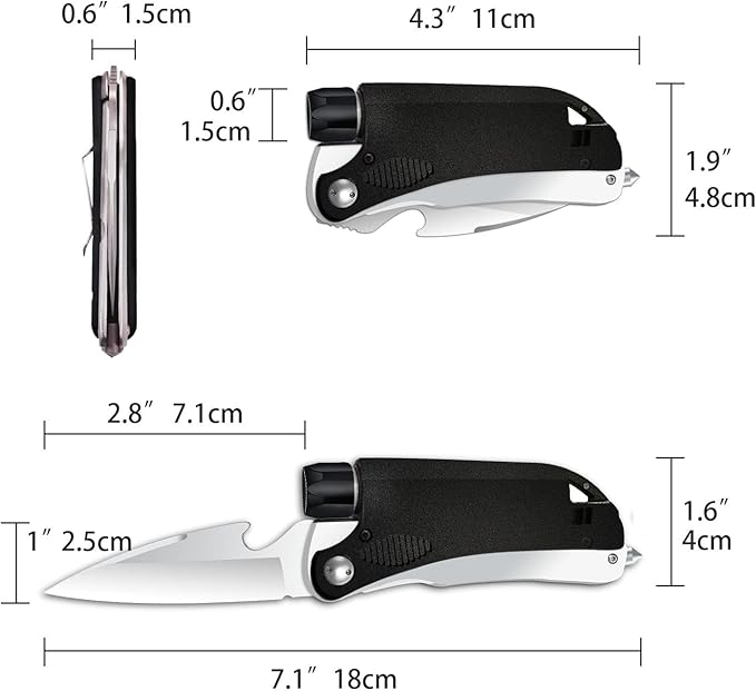 Led Mini Flashlight 6-in-1 Utility Folding Pocket Knife with Bottle Opener Glass Breaker Buckle Whistling Multi-Function Emergency Tool for Hiking Survival Camping Hunting