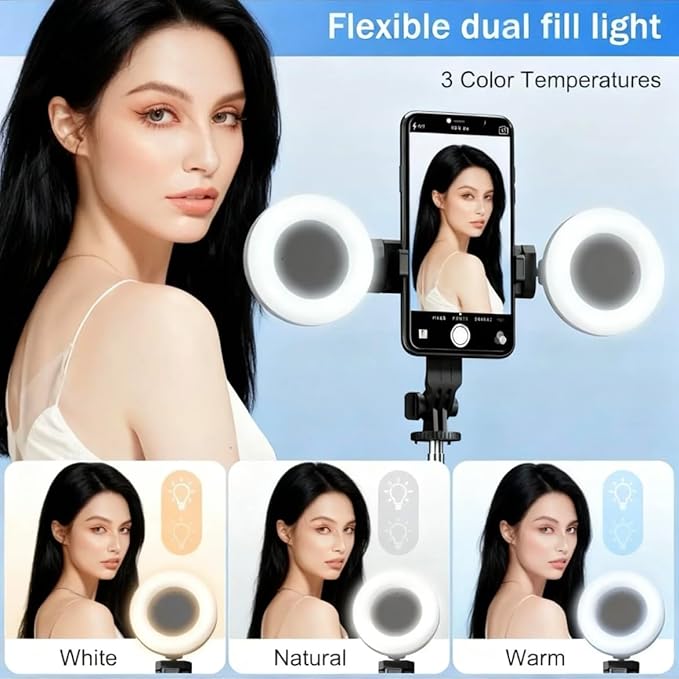 Black Tripod for iPhone with Light, Ring Light Holder for iPhone, Adjustable Selfie Stick Stand with Fill Light, Extendable Phone Tripod for Video Recording, Live Streaming, and Photography