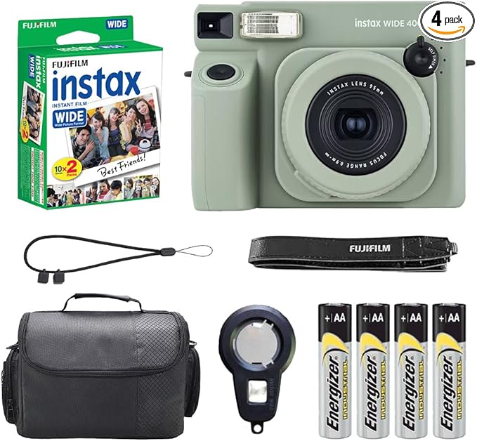 Fujifilm Instax Wide 400 Instant Film Camera Sage Green Bundle – Includes 20-Sheets Instax Wide Film and Protective Carrying Case