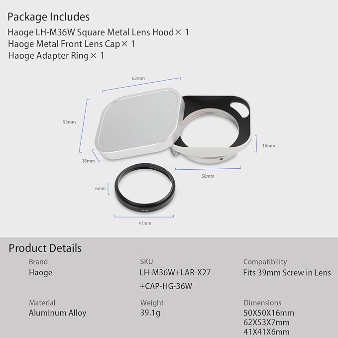 Haoge Metal Squaret Lens Hood for Fujifilm XE5 XF 23mm f2.8 Kit Fujinon XF27mmF2.8 R WR Lense Hood Silver with 39mm E39 Filter Thread,Screw-in Lens Hood with Hollow Out Designed