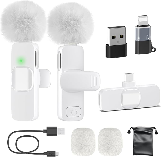 PoP voice USB C Mini Microphone for iPhone 16/15/14/Android, Wireless Lavalier Microphone with Noise Reduction, Lapel Lav Mic for Vlog YouTube TikTok Recording, 12H, 65ft (White)
