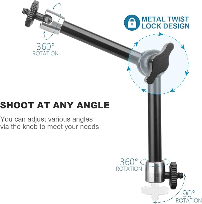 ChromLives 11 Inch Magic Arm Adjustable Articulating Friction Camera Arm W/ 1/4" Thread Screw and Hot Shoe Mount Compatible with DSLR Camera Rig, LED Lights, Flash Light, LCD Monitor