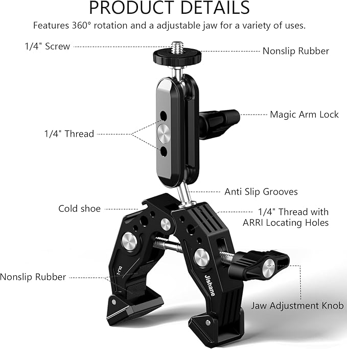 Super Clamp Mount with 360° Dual Ballhead & Magic Arm,Anti-Fall 360° Rotating Motorbike Phone Holder Camera Clamp for DSLR,GoPro Hero 13,DJI OSMO Pocket 3,Insta 360 X5 Fits Mountain/Scooter/Dirt
