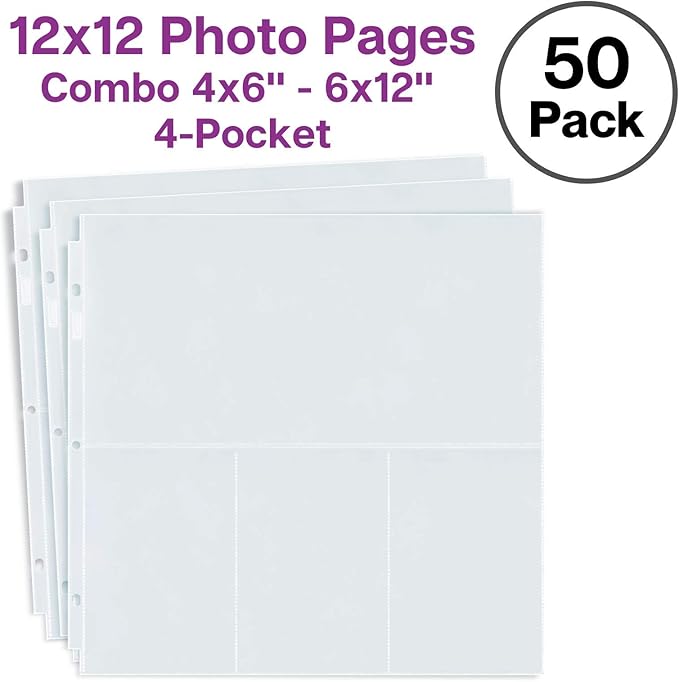 Dunwell Scrapbook Page Protectors 12x12, (50 Pack) Fits 3-Ring Scrapbook Album Binder, Combo Layout Holds 300 4x6 Vertical Photos, plus 6x12 Top Pocket, 12x12 Refill Pages Protectors, Acid-Free Poly