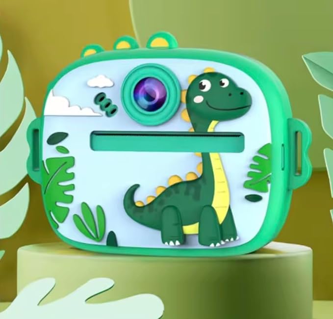Kids Instant Print Camera, Cute Dinosaur Theme No-Ink Thermal Printing Digital Camera Toy, Rechargeable Portable Camera for Girls & Boys Ages 3–12, DIY Black and White Photo Prints (Green)