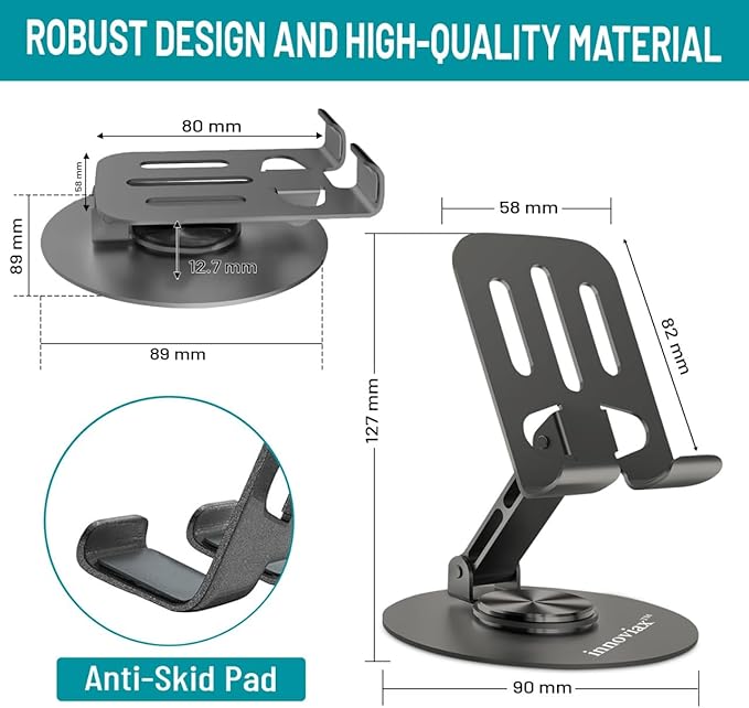 Cell Phone Holder Stand 2 Piece, Adjustable and Foldable Cell Phone Stand Holder for Desk, 360 Rotation Smartphone Holder with Non Slip Pads, Compatible with iPhone, Android Smartphones, Tablets (2)