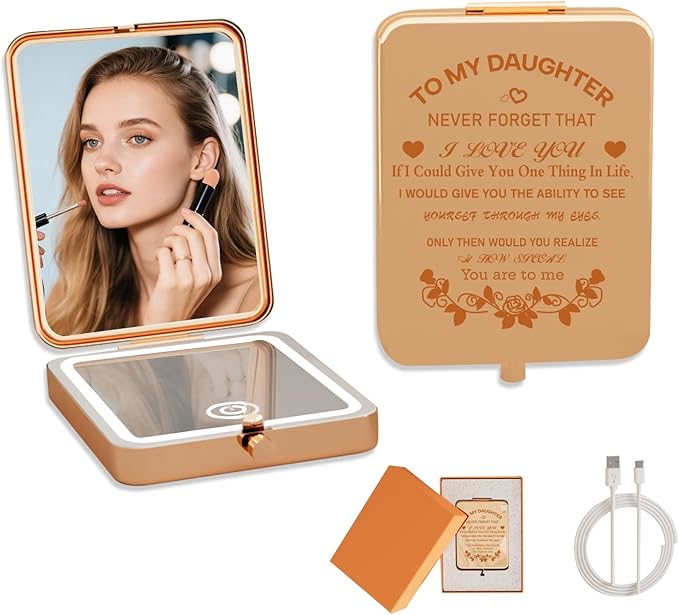 Daughter Gifts from Mom, Rose Gold Daughters Lighted Compact Mirror, Birthday Gifts for Daughter from Mother, Graduation Wedding Anniversary Christmas，1X/3X Magnification LED Pocket Travel Mirror